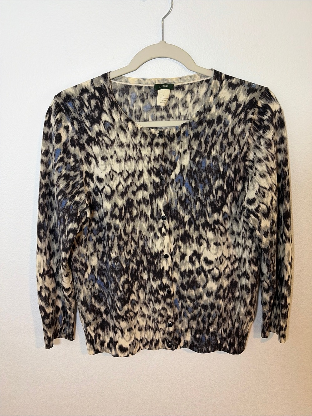 J Crew 100% Merino Wool Button Cardigan Sweater Women L Ikat Animal Print Y2K